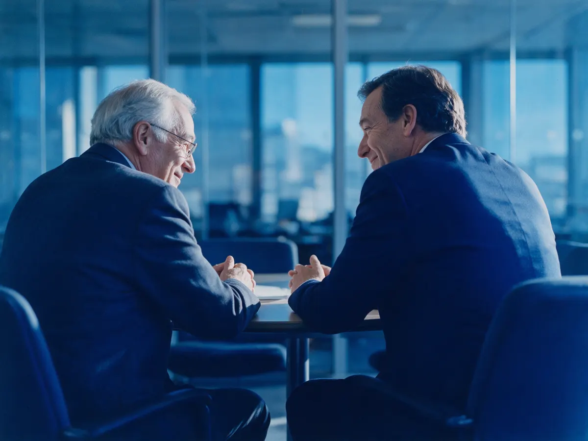 Two consultants in discussion at a meeting table