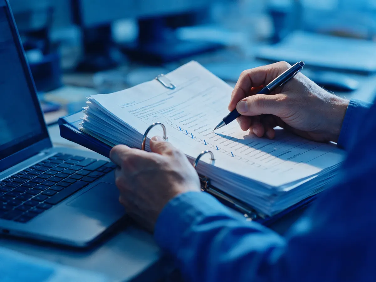 Auditor reviewing a binder of test evidence