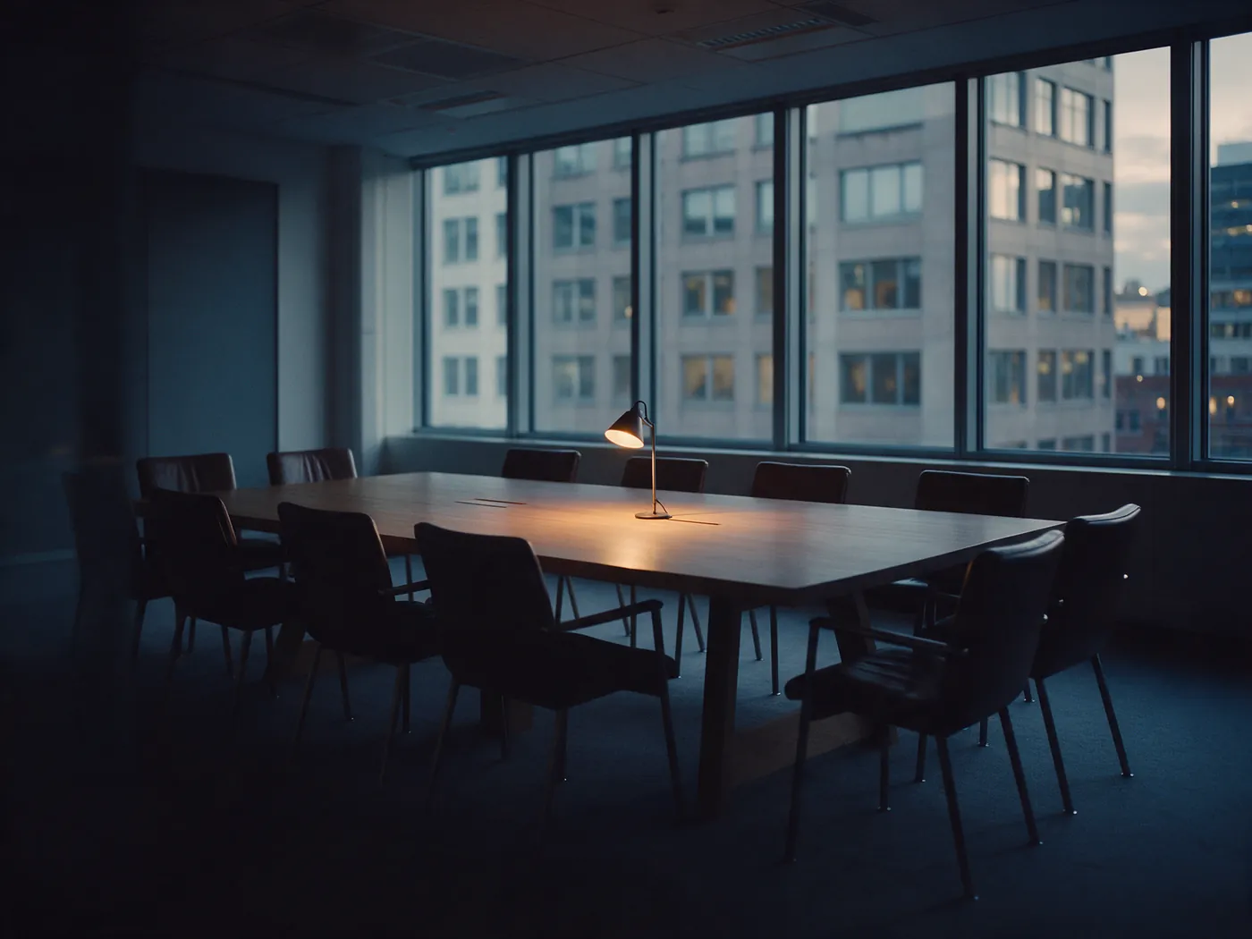 Empty boardroom at dusk overlooking the city