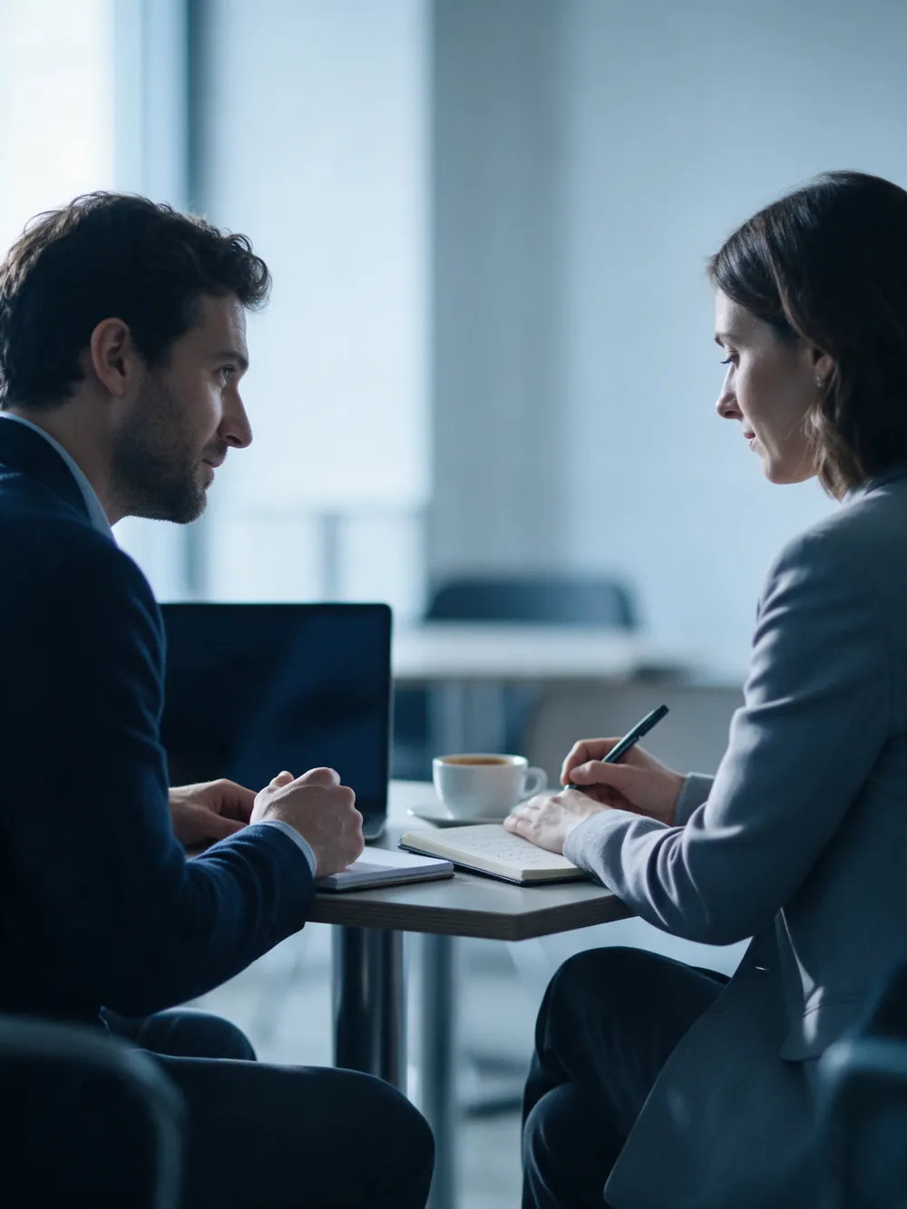 Consultant taking notes during a conversation with a client