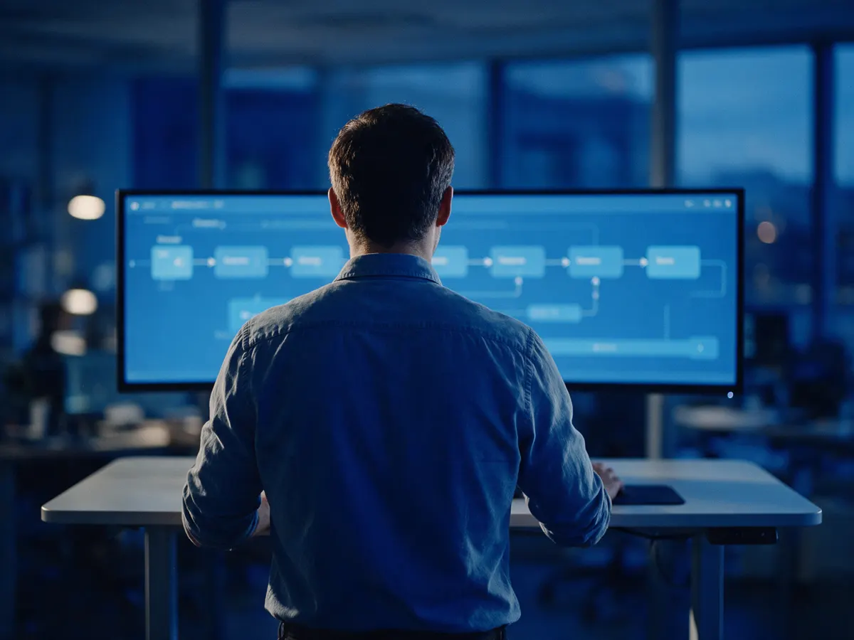 Engineer viewing a pipeline diagram on large screens