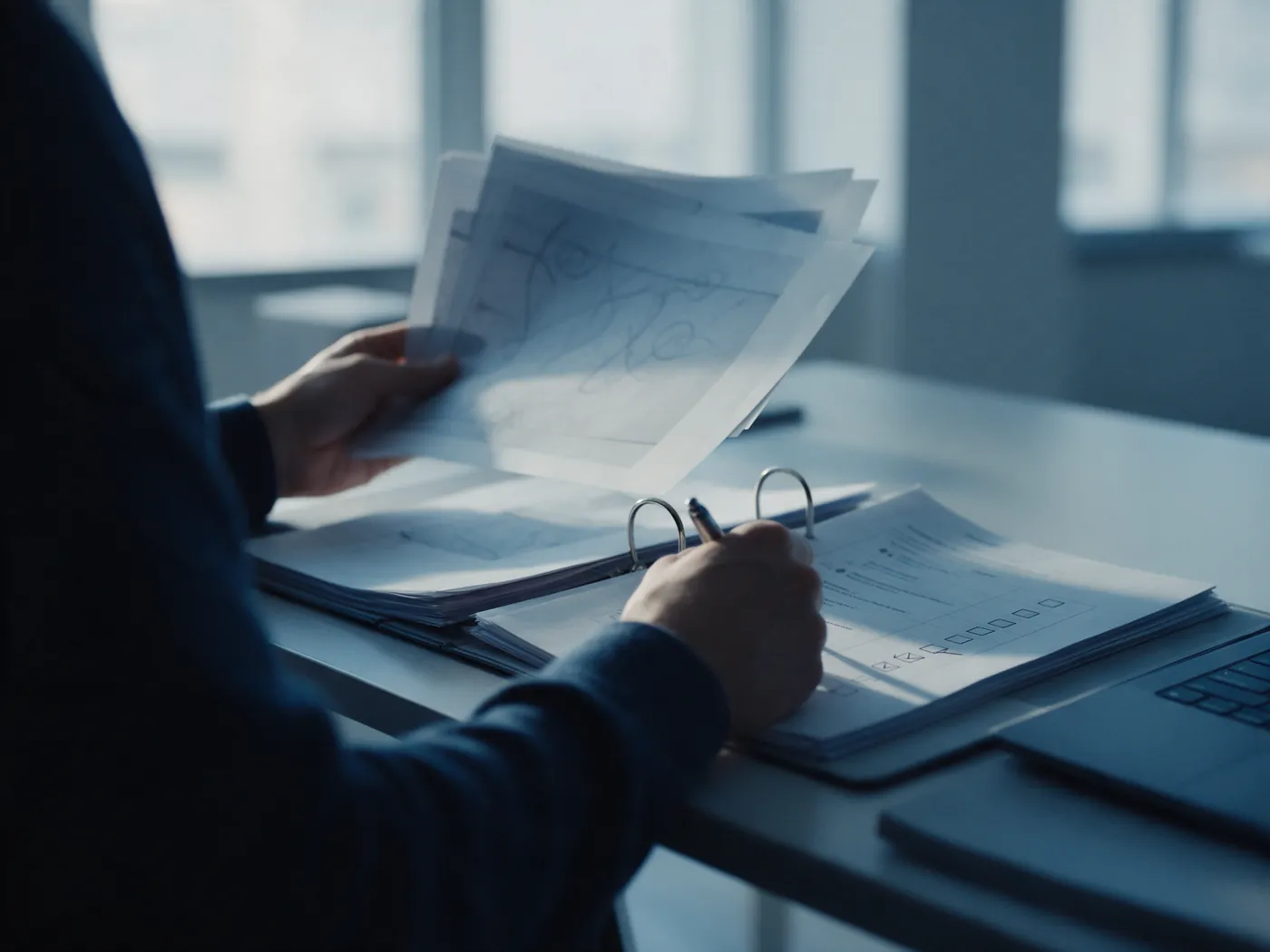 Auditor ticking a checklist against printed evidence