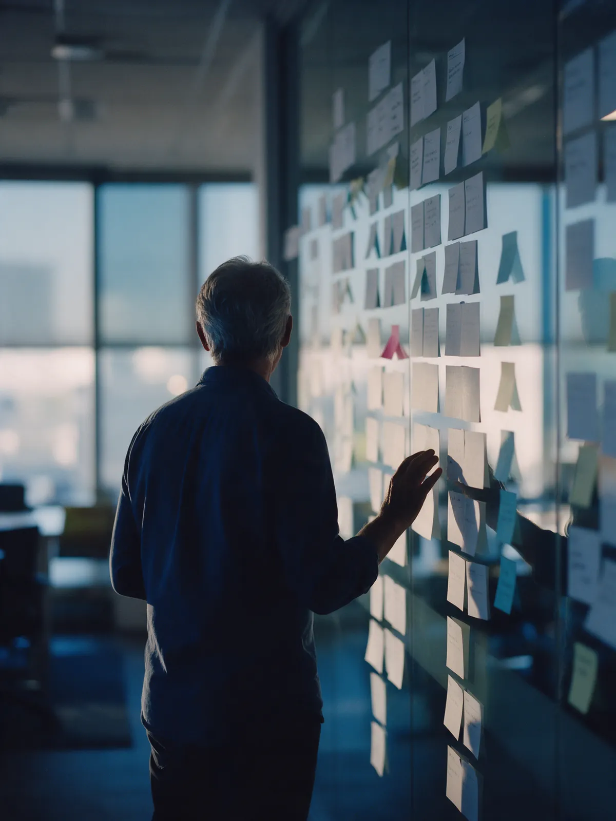 Consultant reviewing a delivery roadmap on a glass wall