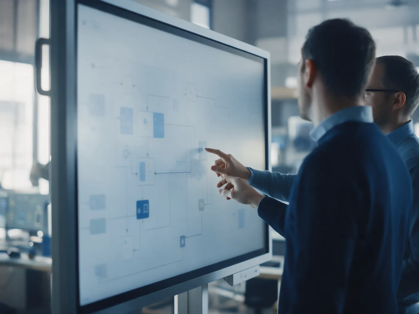 Engineers mapping an automation flow on a wall screen