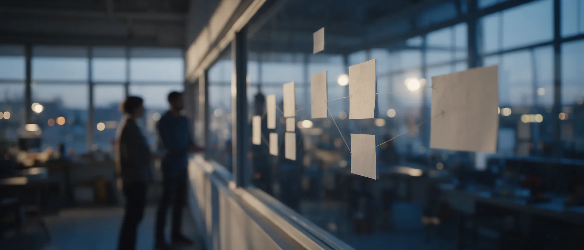 Workshop room with a five-stage roadmap mapped on a glass wall