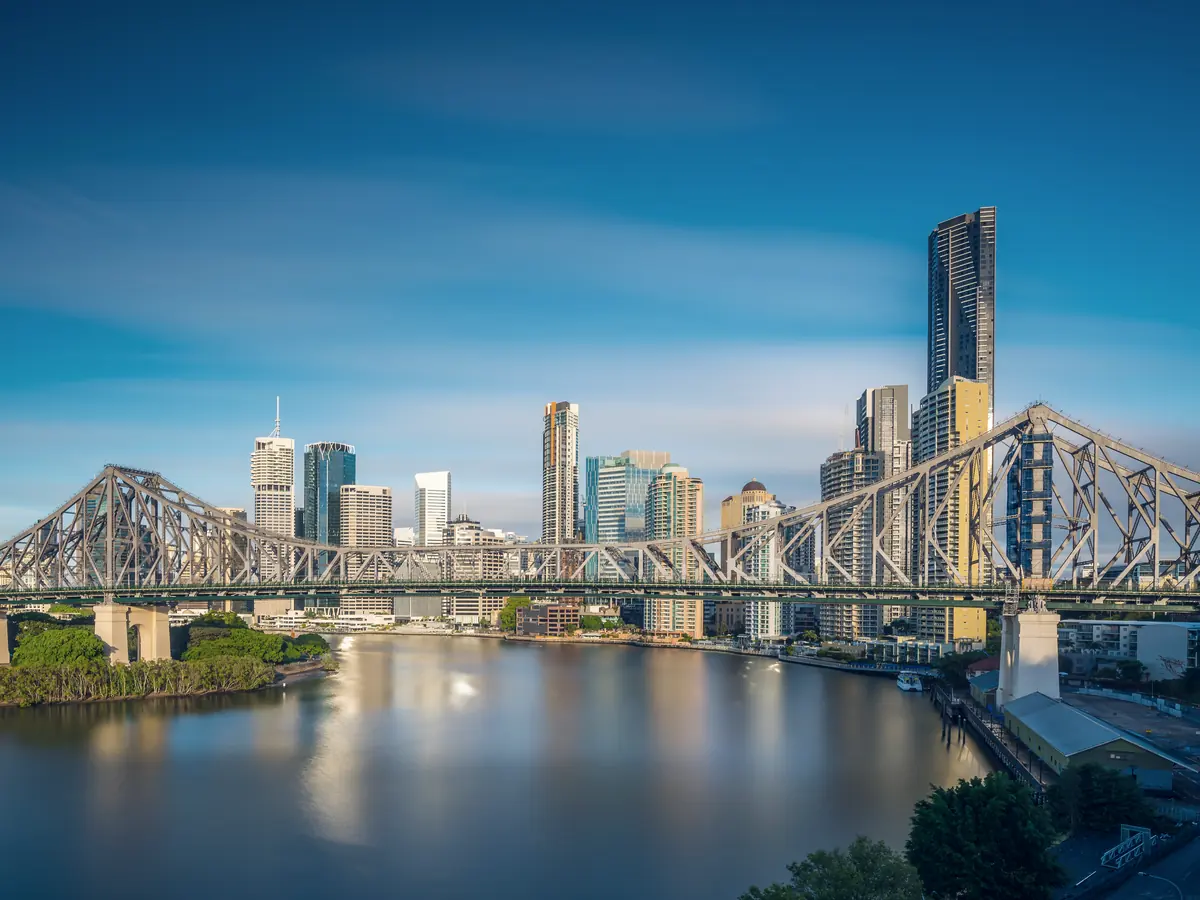 Brisbane city skyline behind the Story Bridge and the Brisbane River