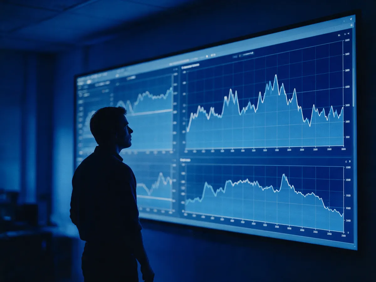Analyst watching performance graphs on a wall screen
