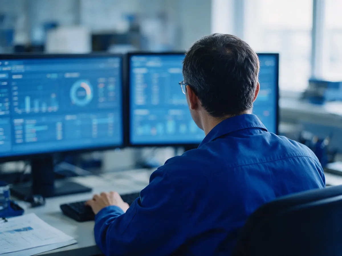 Engineer reviewing quality dashboards on two monitors