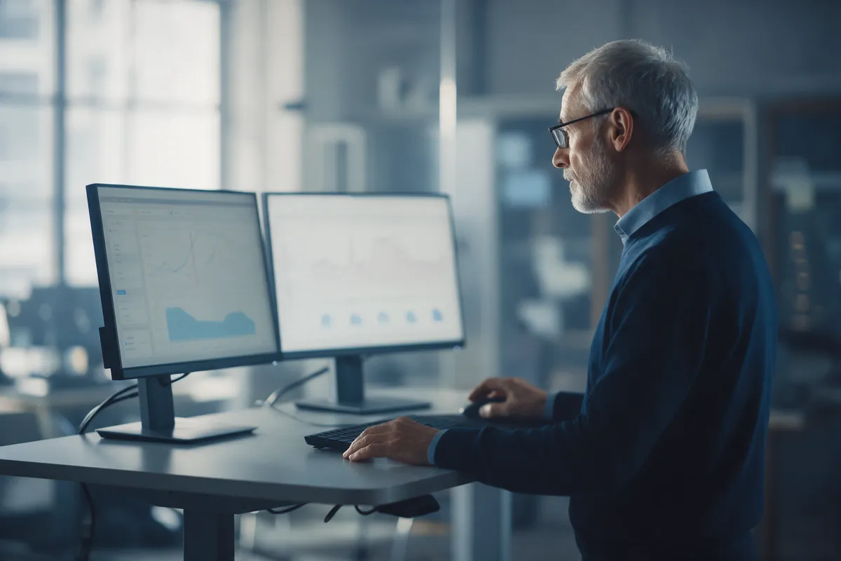 Senior quality engineer reviewing test results across two monitors