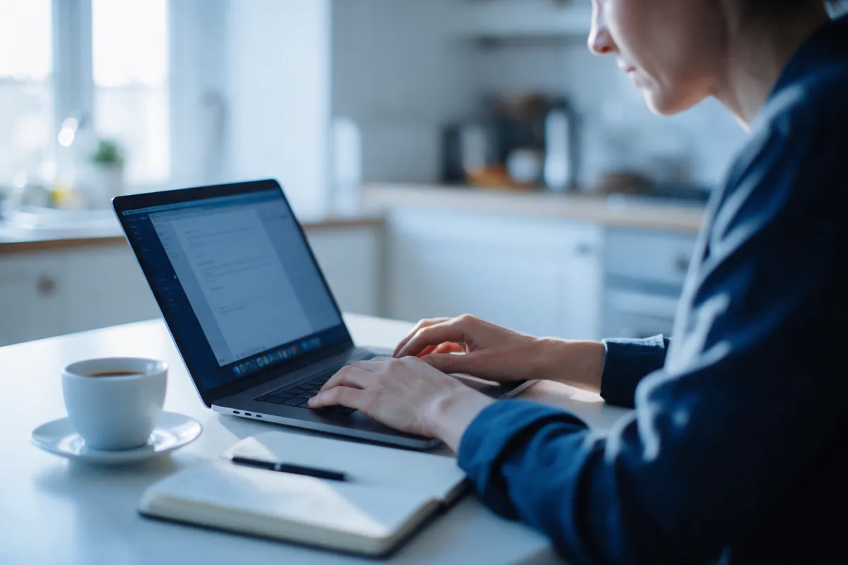 Professional working on a laptop at a kitchen table at home