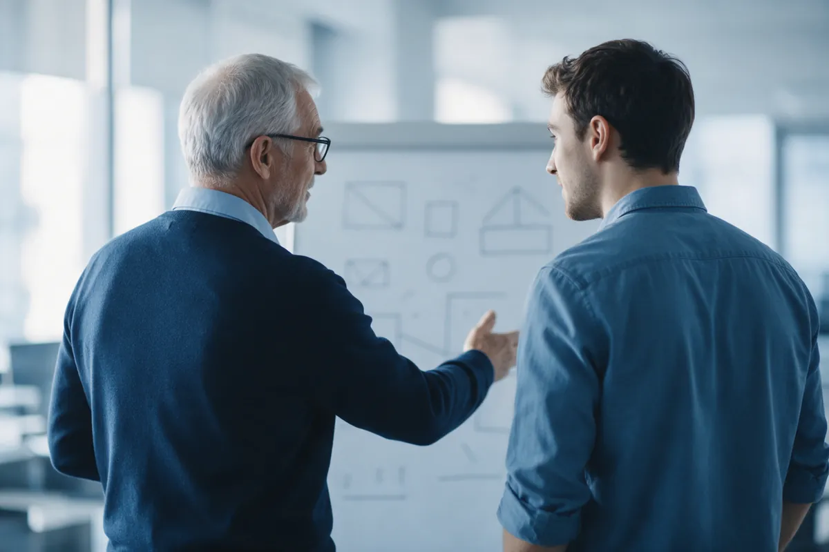 Graduate engineer learning from a mentor at a whiteboard