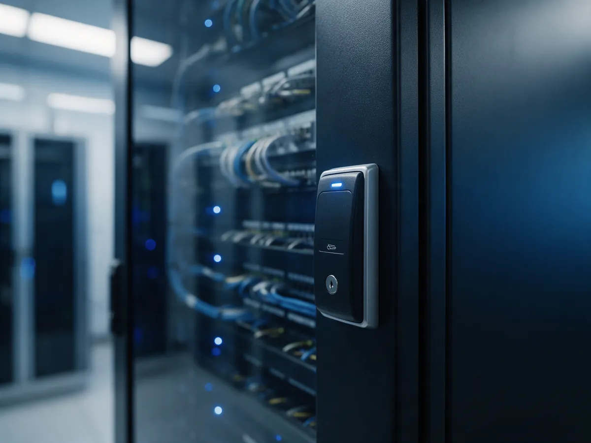 Locked server cabinet with keycard access in a secure room