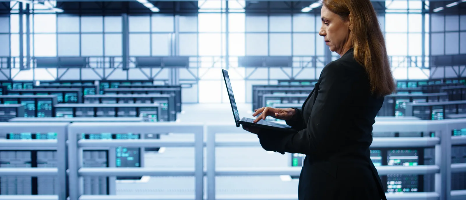 Engineer working on a laptop in a large data centre