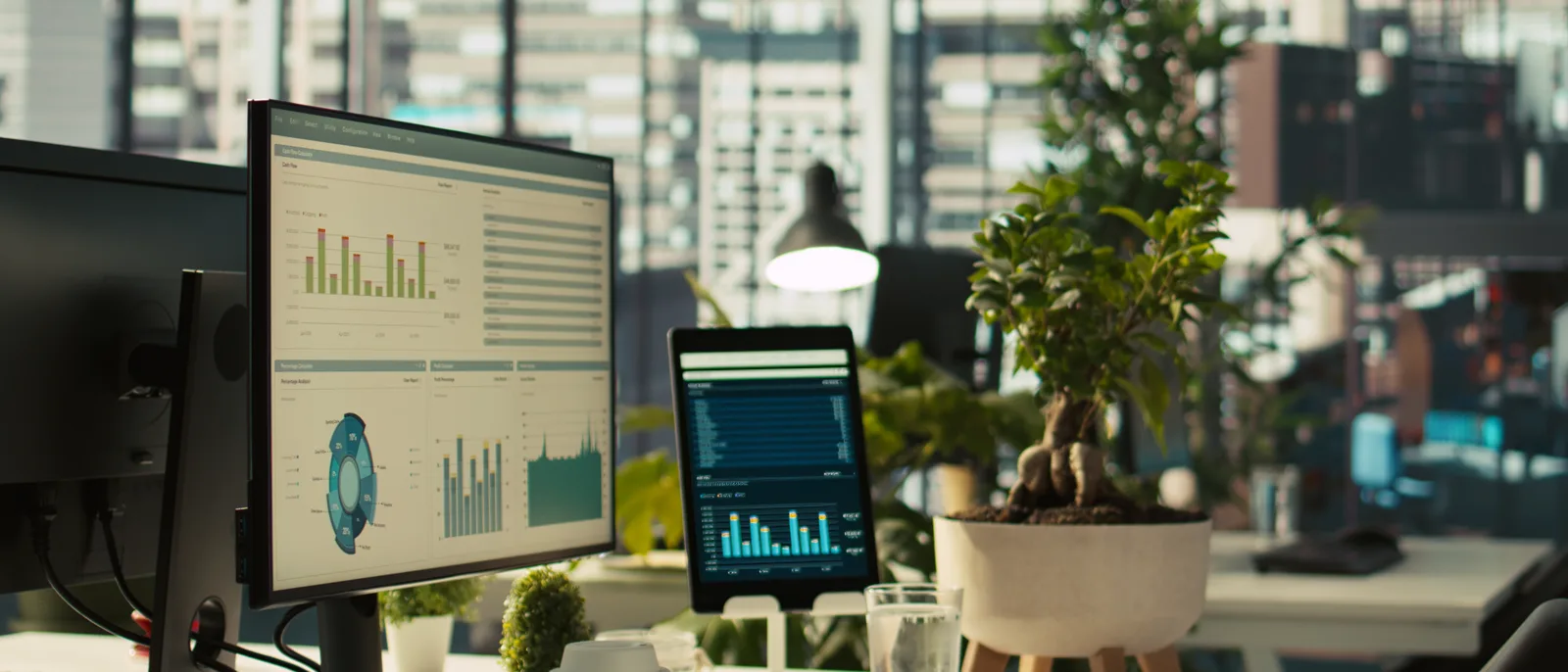 Modern workspace with analytics dashboards on a monitor and tablet