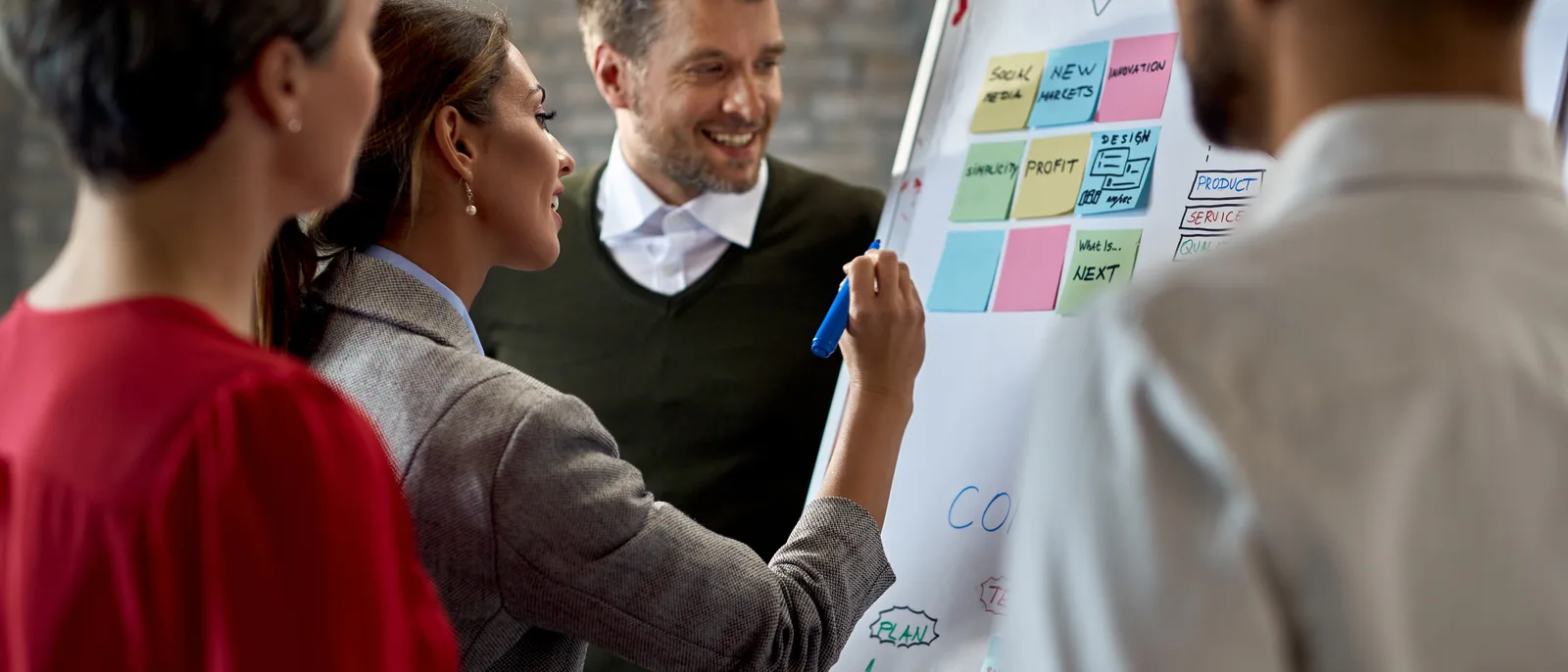 Team planning work on a whiteboard of sticky notes