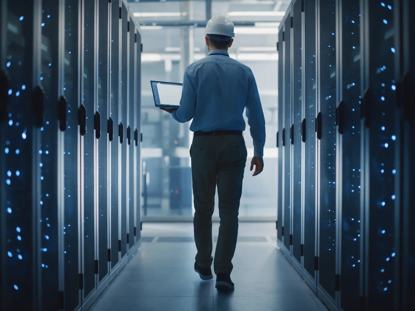 Engineer with a tablet walking between server racks