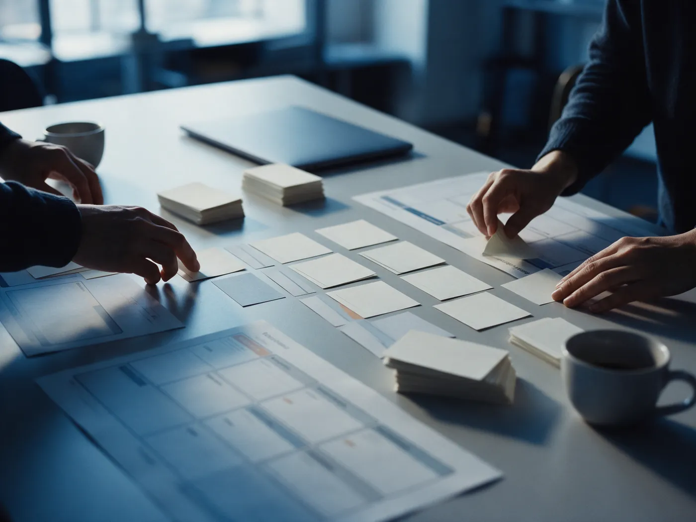 Team arranging planning cards on a desk
