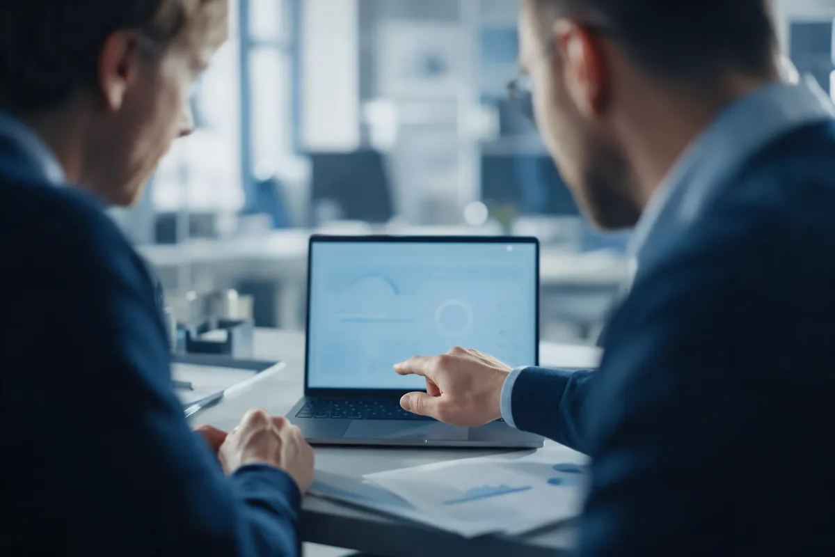 Consultant working through a dashboard with a client at their desk