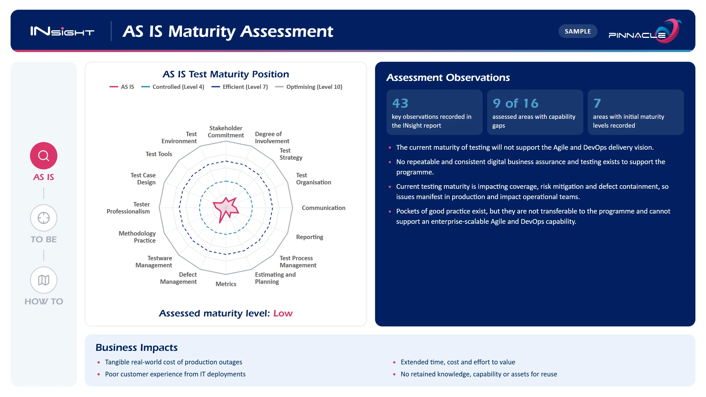 Sample INsight AS IS maturity assessment: radar chart of the 16 test areas against controlled, efficient and optimising levels, assessed maturity low, with assessment observations and business impacts