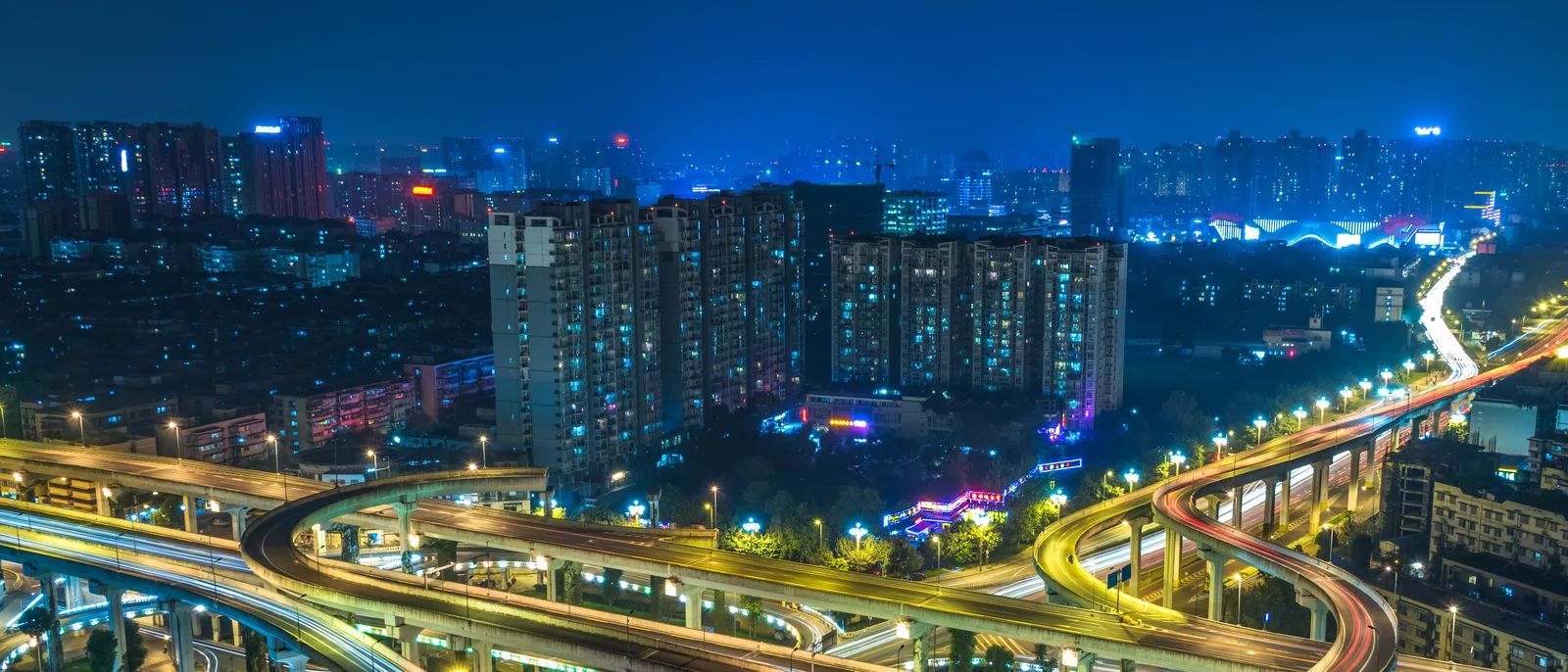 City overpass network lit up at night