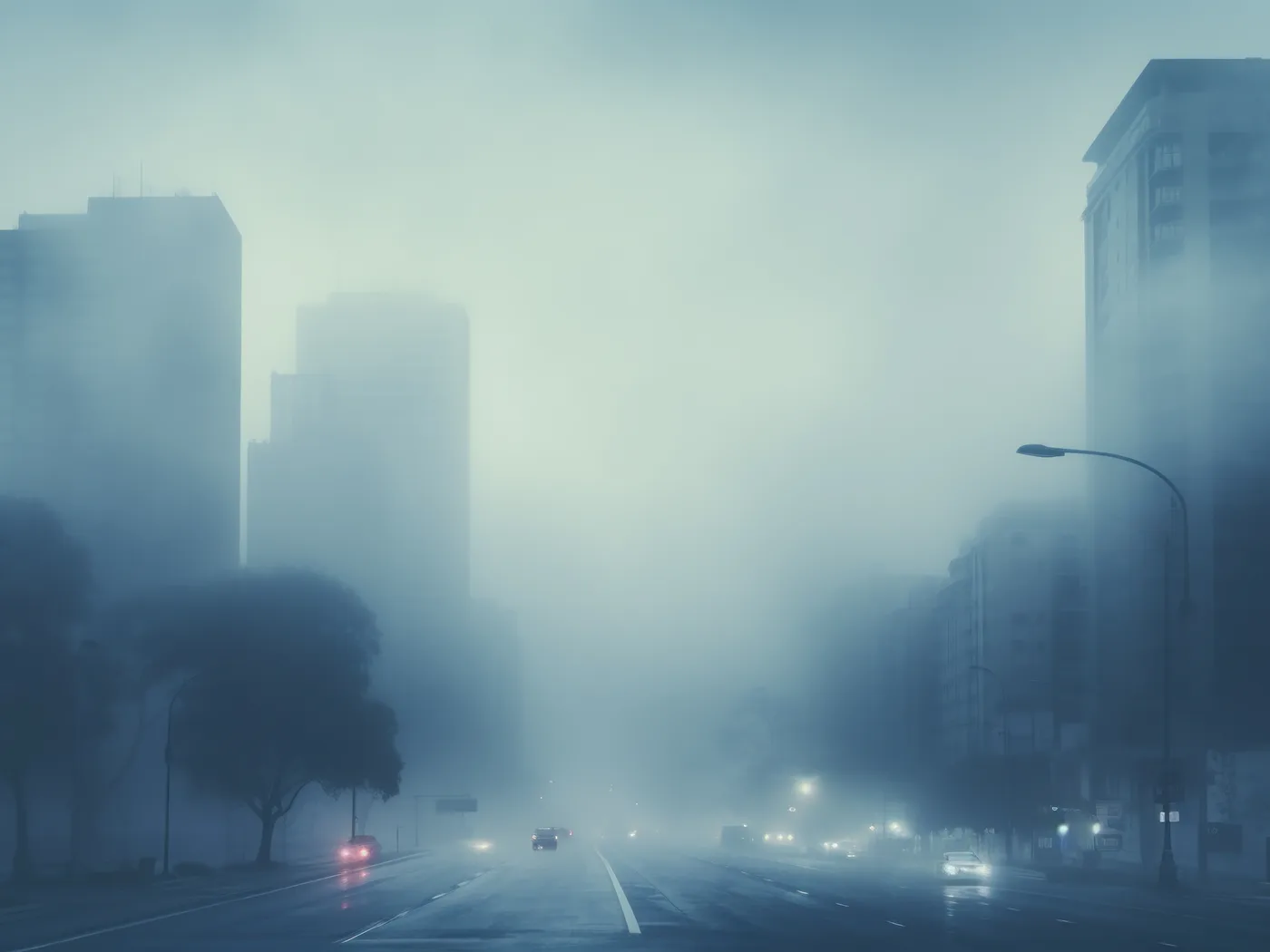 City street with cars in thick fog
