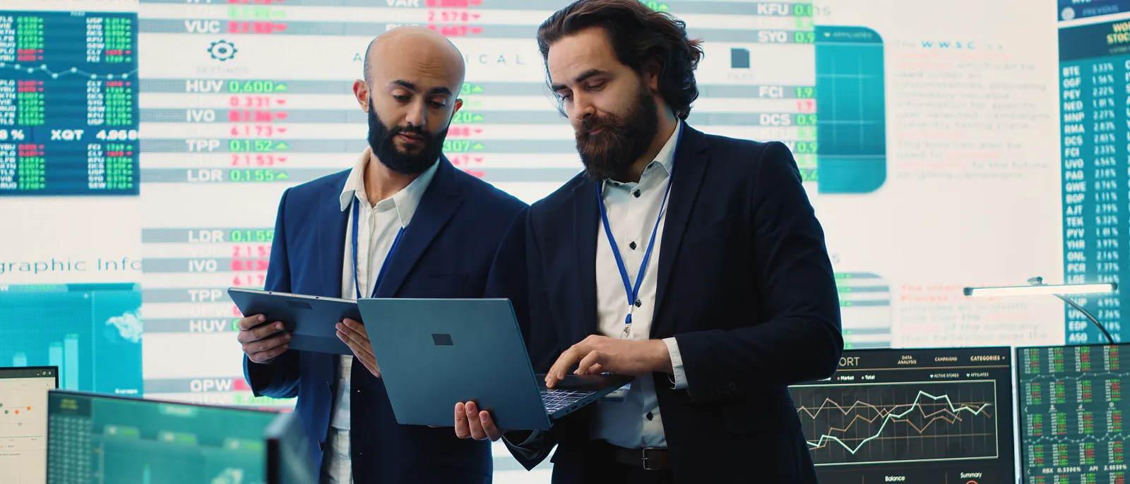 Two finance professionals reviewing data screens