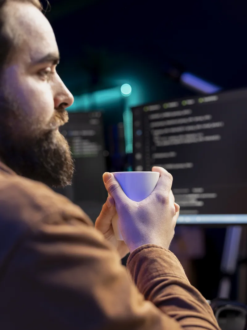 Developer with coffee reviewing code on monitors