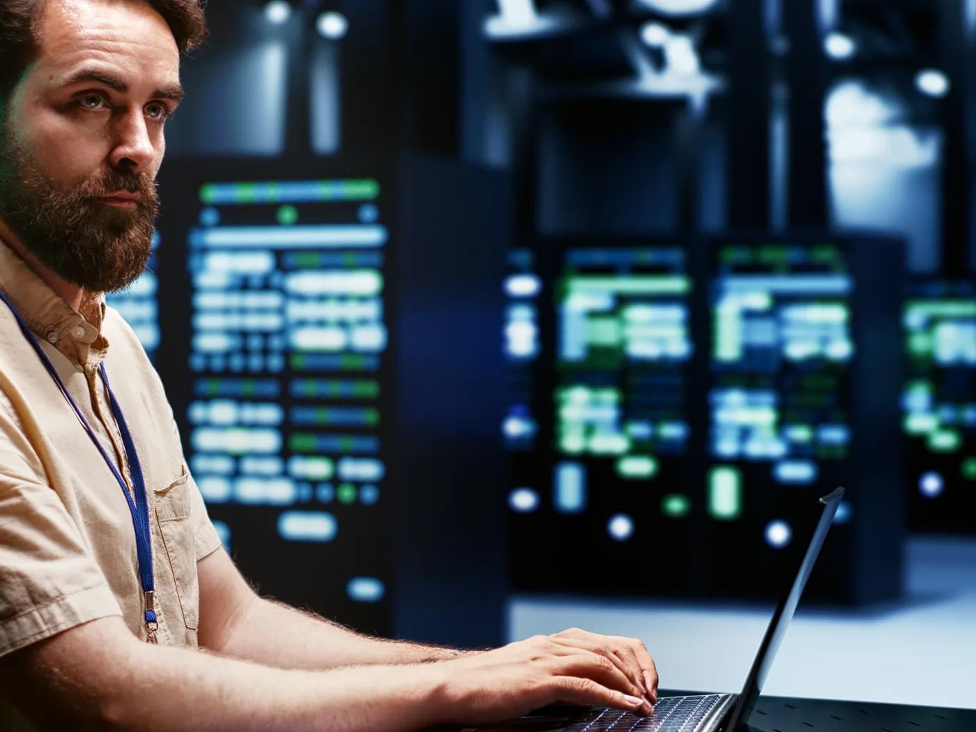 Engineer on laptop in server room