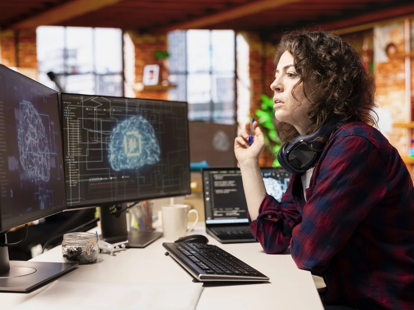 Developer working on AI model on monitors