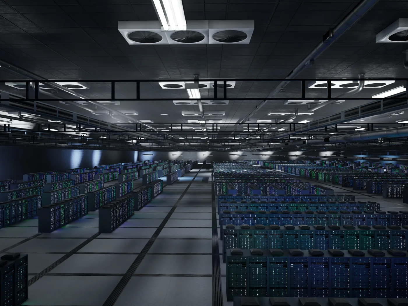 Rows of server racks in large data centre