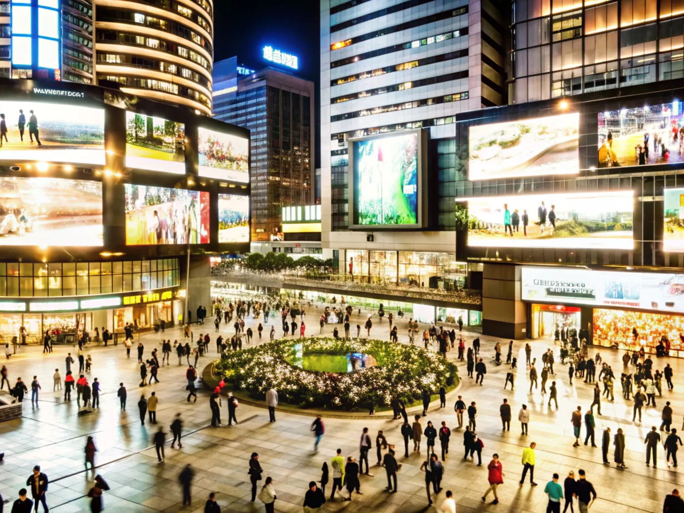 Crowded city square at night with bright screens