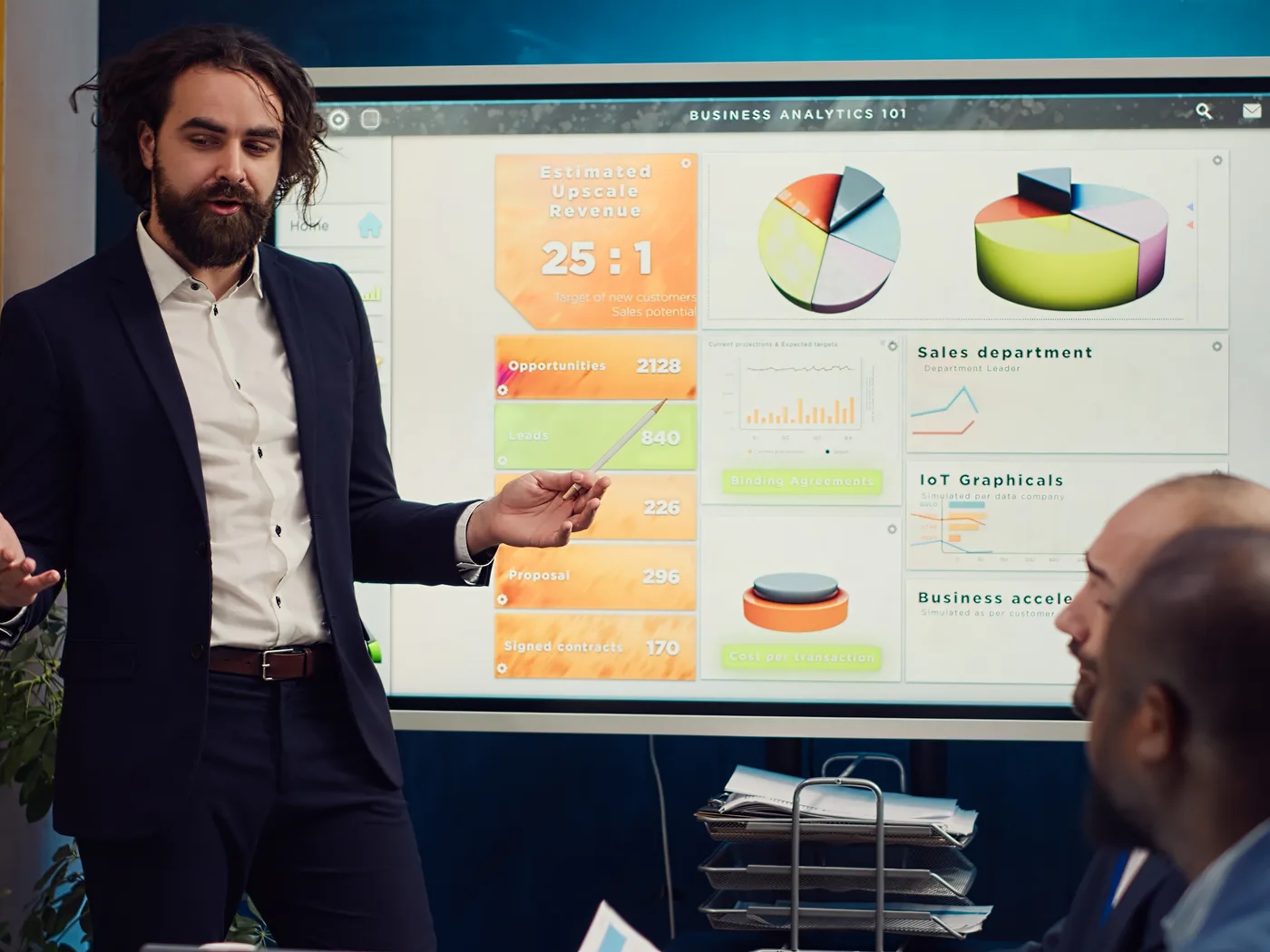 Team leader presenting a dashboard on a large screen