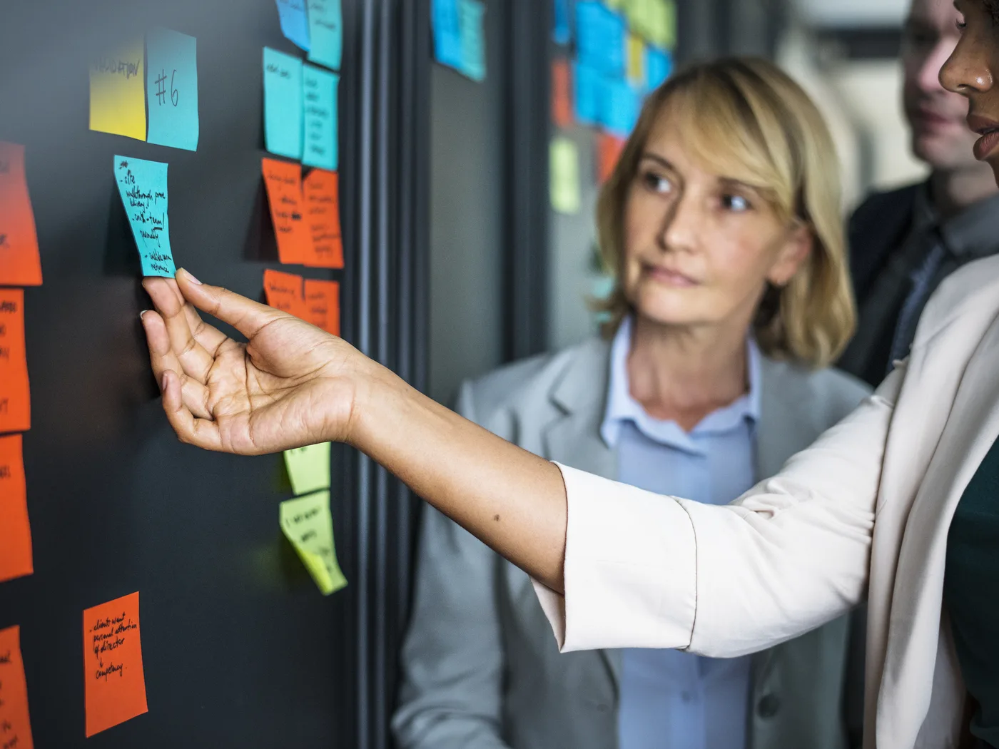 Team mapping product risks on a board of sticky notes